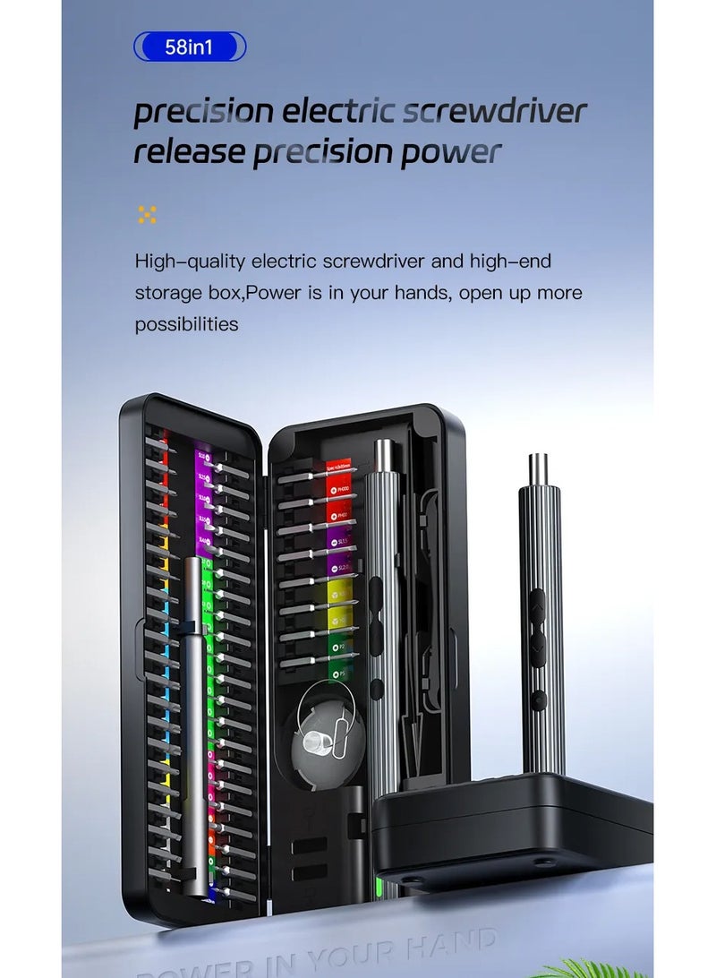 GREEN LION Electric Screwdriver Set 58 IN 1 / Built-In Magnetizer / LED Light / Repair Tool Kit / T5H, T6H, T7H, T8H, T9H, T10H, T15H, T20H / H4*28mm Screwdriver Bits / H4*35mm Screwdriver Bits - Black - Image 2