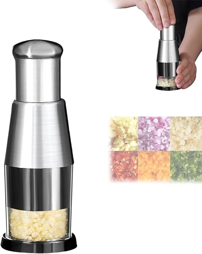 Calyrex Multifunctional Hand Press Chopper Kitchen Tool Stainless Steel Garlic Masher for Mincing Garlic Slicing Peppers and Onions - Image 1