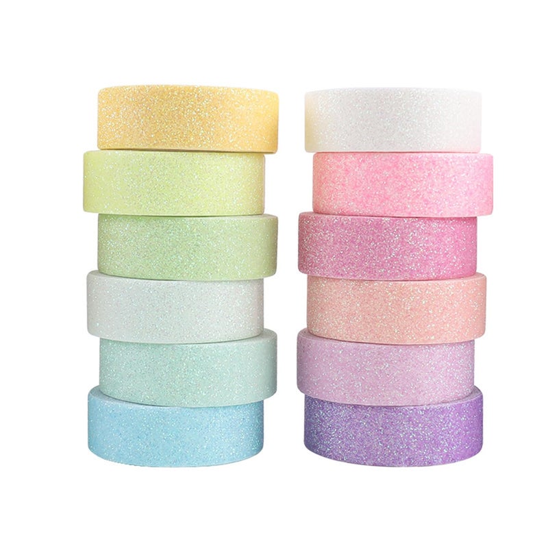 Cotrida 12 Rolls Glitter Washi Tape Set â€“ 15mm Macaron Cute Colored Masking Tape, Sparkle Decorative Tape for DIY, Art, Scrapbook Tape, Decor & Crafts - Image 1