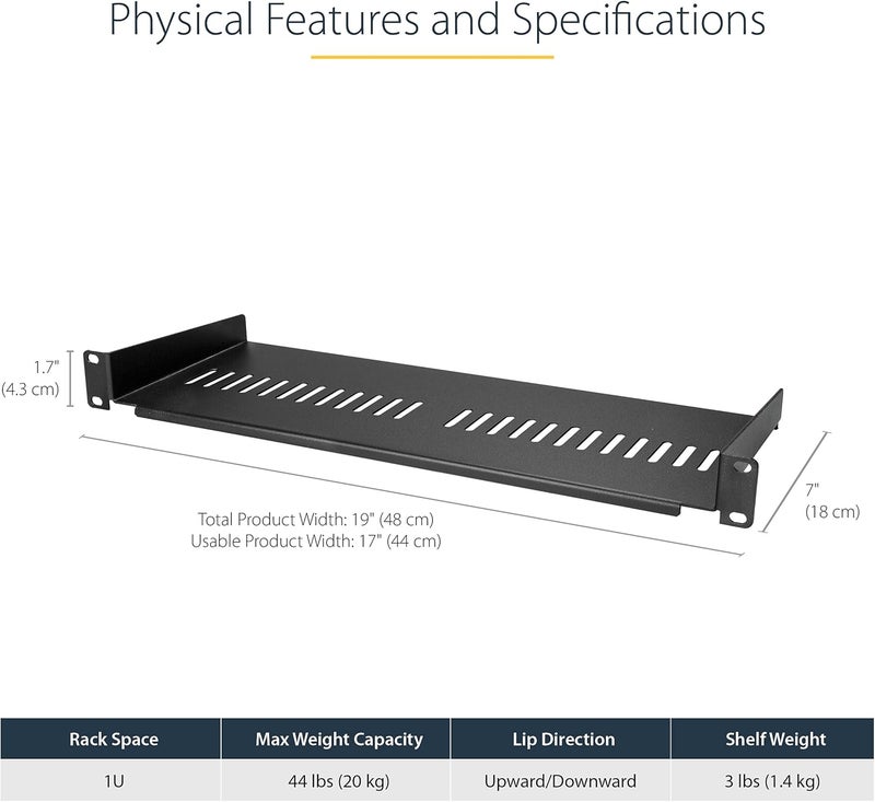 StarTech .com 1U Server Rack Shelf - Universal Vented Rack Mount Cantilever Tray for 19" Network Equipment Rack & Cabinet - Heavy Duty Steel - Weight Capacity 44lb/20kg - 7" Deep Shelf (CABSHELF1U7V) - Image 2