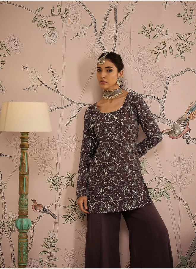 ساسافراس Embroidered Sequin Detail Kurta and Solid Palazzo Pants Set