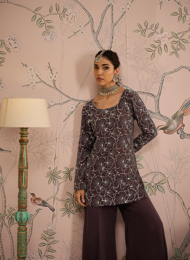 SASSAFRAS Embroidered Sequin Detail Kurta and Solid Palazzo Pants Set  - Image 2