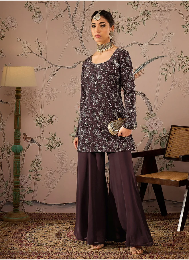 ساسافراس Embroidered Sequin Detail Kurta and Solid Palazzo Pants Set