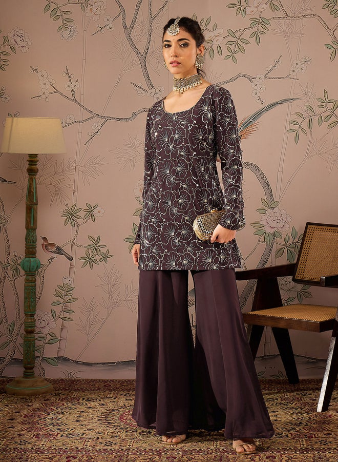 SASSAFRAS Embroidered Sequin Detail Kurta and Solid Palazzo Pants Set  - Image 1