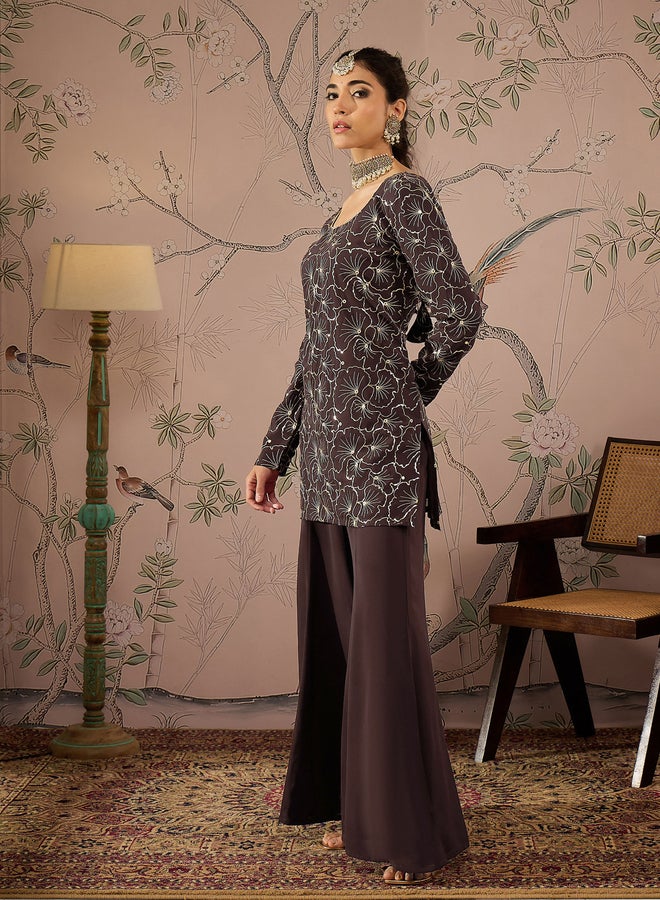 SASSAFRAS Embroidered Sequin Detail Kurta and Solid Palazzo Pants Set  - Image 3