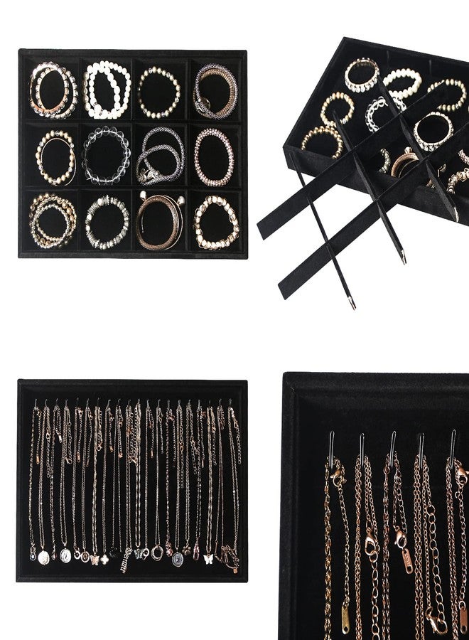 Pengup 5 Pcs/set Stackable Jewelry Organizer Trays,Rings Necklaces Earrings Bracelets Display Storage Trays Holder with Glass Lid (Black Velvet) - Image 5