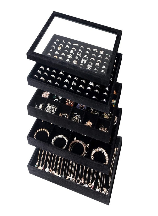 Pengup 5 Pcs/set Stackable Jewelry Organizer Trays,Rings Necklaces Earrings Bracelets Display Storage Trays Holder with Glass Lid (Black Velvet) - Image 2