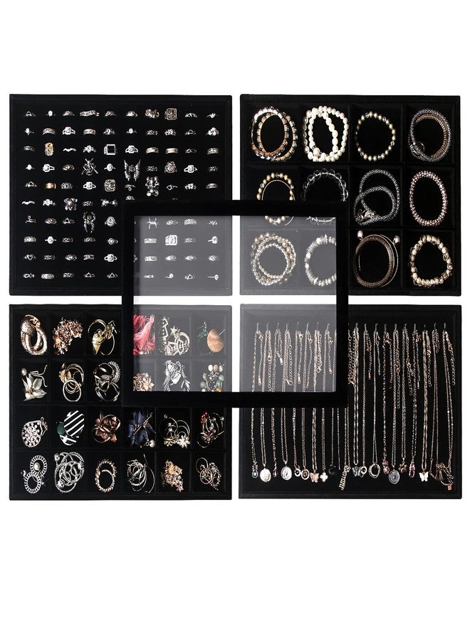 Pengup 5 Pcs/set Stackable Jewelry Organizer Trays,Rings Necklaces Earrings Bracelets Display Storage Trays Holder with Glass Lid (Black Velvet) - Image 1