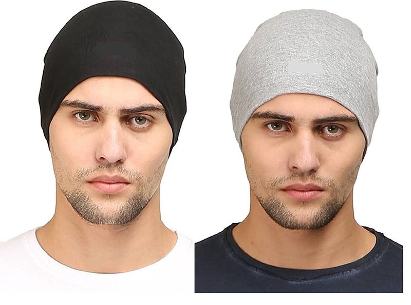 UMANI® Cotton Poly Blend Skull Cap for Men and Women/Helmet Cap/Multipurpose Running, Jogging Outdoor Skull Cap(1PC Black & 1PC Light Grey) - Image 1