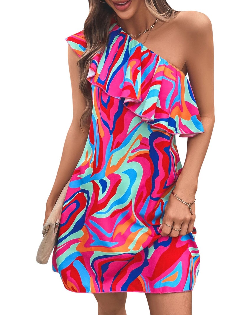 Floerns Women's One Shoulder Tiered Layered Sleeveless Ruffle Trim Tunic Dress Pink Multi L - Image 5