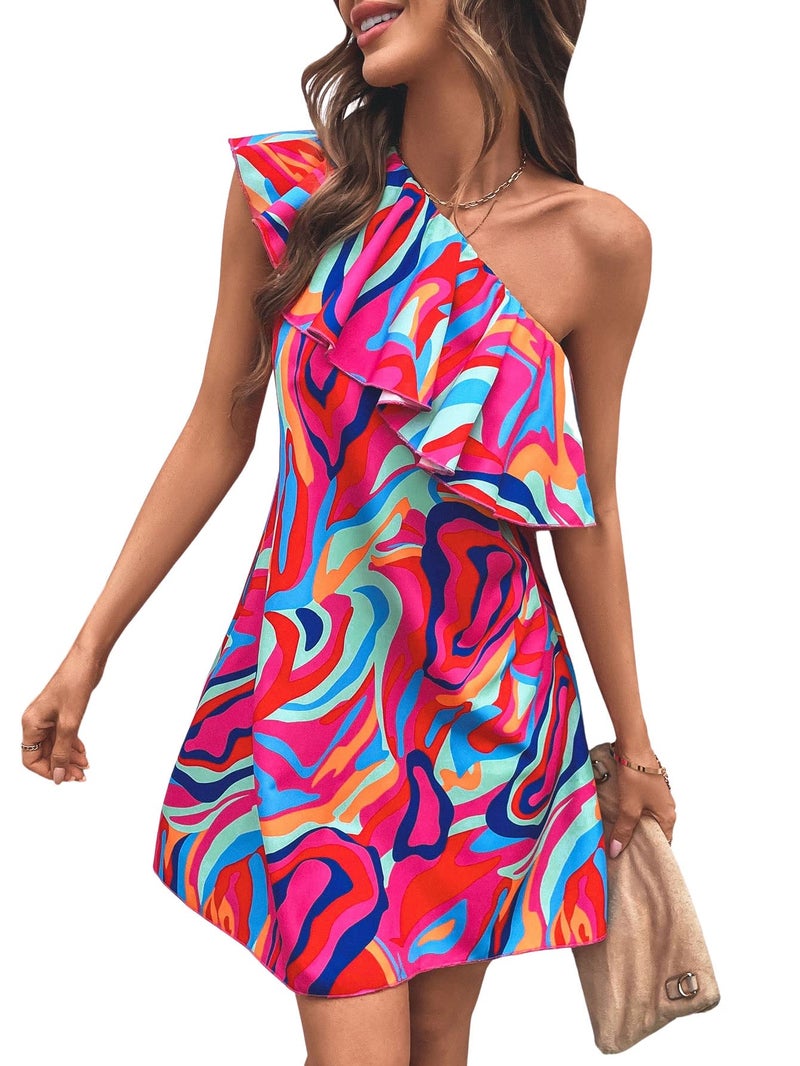Floerns Women's One Shoulder Tiered Layered Sleeveless Ruffle Trim Tunic Dress Pink Multi L - Image 3