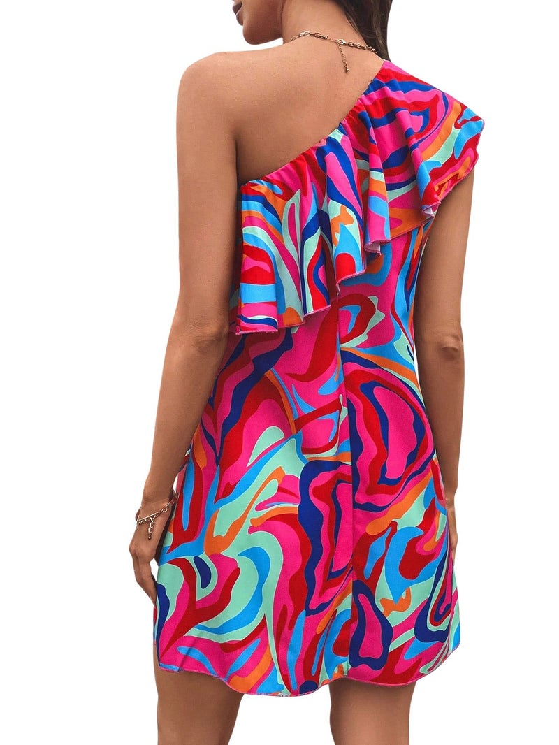 Floerns Women's One Shoulder Tiered Layered Sleeveless Ruffle Trim Tunic Dress Pink Multi L - Image 2