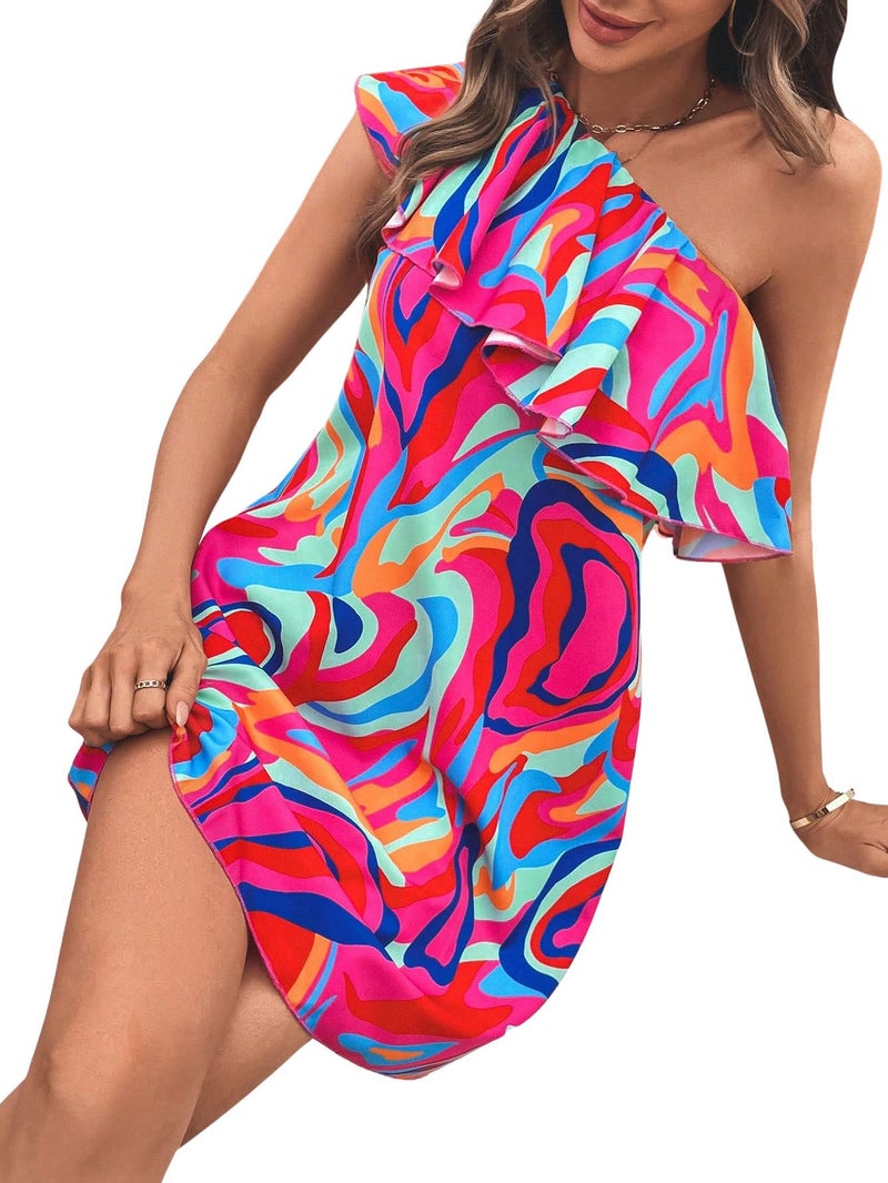 Floerns Women's One Shoulder Tiered Layered Sleeveless Ruffle Trim Tunic Dress Pink Multi L - Image 4