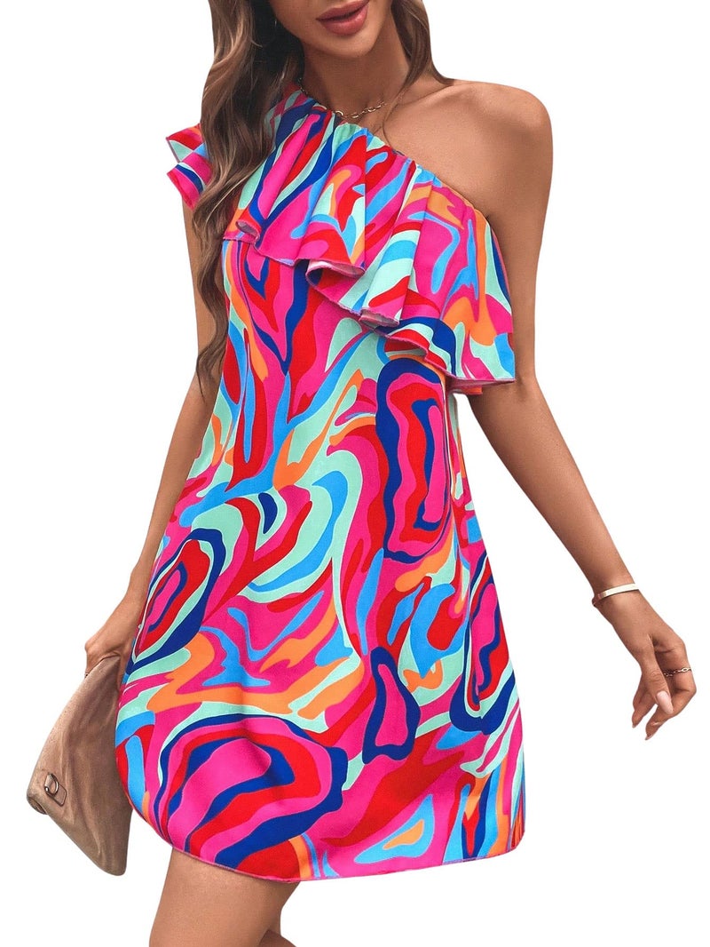 Floerns Women's One Shoulder Tiered Layered Sleeveless Ruffle Trim Tunic Dress Pink Multi L - Image 1