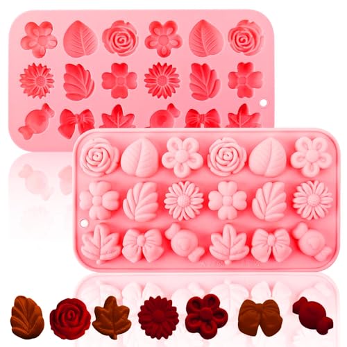 Fuehbur Flower Candy Floral Silicone Molds 2PCS, Chocolate Moulds with Daisy Tulip Rose Bow Tie Leaf Jello Design, 18 Cavity Ice Mold Pudding for Cake Desserts Making, Cupcake Toppers - 2 Pack - Image 1