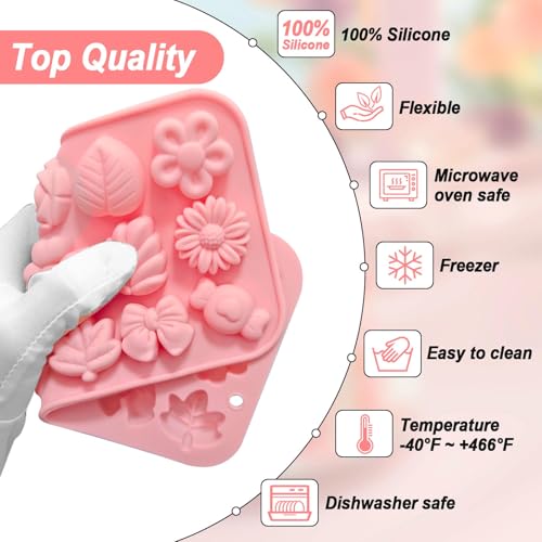Fuehbur Flower Candy Floral Silicone Molds 2PCS, Chocolate Moulds with Daisy Tulip Rose Bow Tie Leaf Jello Design, 18 Cavity Ice Mold Pudding for Cake Desserts Making, Cupcake Toppers - 2 Pack - Image 3