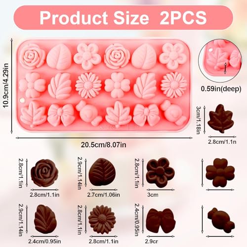 Fuehbur Flower Candy Floral Silicone Molds 2PCS, Chocolate Moulds with Daisy Tulip Rose Bow Tie Leaf Jello Design, 18 Cavity Ice Mold Pudding for Cake Desserts Making, Cupcake Toppers - 2 Pack - Image 2