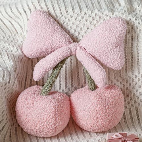 Beeveer Small Bow Cherry Throw Pillow Wool Cute Coquette Room Decor Decorative Throw Pillows Aesthetic Room Decor Bowknot Shaped Plush Cushions for Valentines Day Bedroom Sofa CouchPink - Image 1