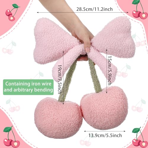 Beeveer Small Bow Cherry Throw Pillow Wool Cute Coquette Room Decor Decorative Throw Pillows Aesthetic Room Decor Bowknot Shaped Plush Cushions for Valentines Day Bedroom Sofa CouchPink - Image 3