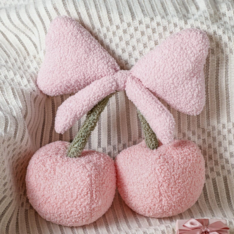Beeveer Small Bow Cherry Throw Pillow Wool Cute Coquette Room Decor Decorative Throw Pillows Aesthetic Room Decor Bowknot Shaped Plush Cushions for Valentines Day Bedroom Sofa CouchPink - Image 2