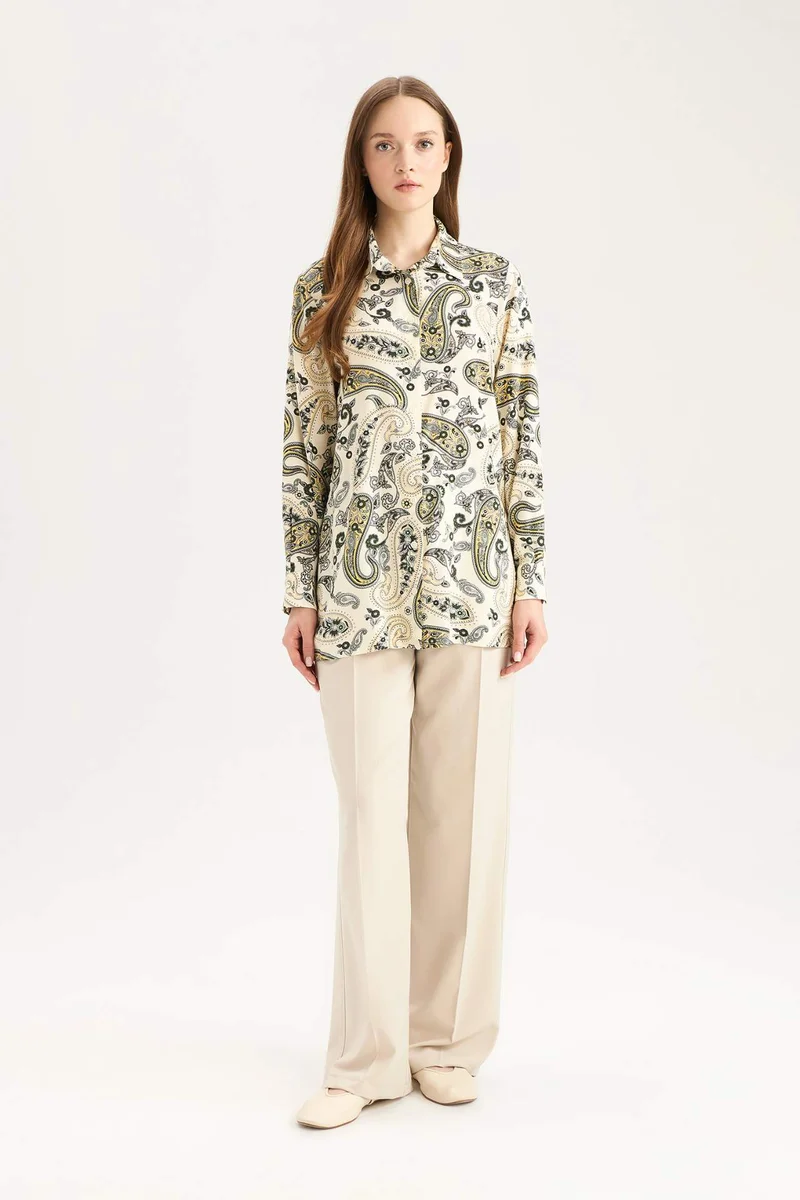 ديفاكتو Relax Fit Viscose Shirt Collar Printed Long Sleeve Tunic