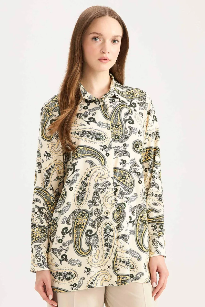 ديفاكتو Relax Fit Viscose Shirt Collar Printed Long Sleeve Tunic