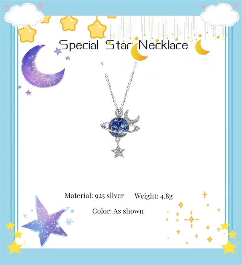 Excefore Star Necklace, 925 Silver Zircon Star Moon Fantasy Planet Necklace, Gift for Daughter, Granddaughter and Ladies, Friendship, Family, Love Jewelry - Image 1
