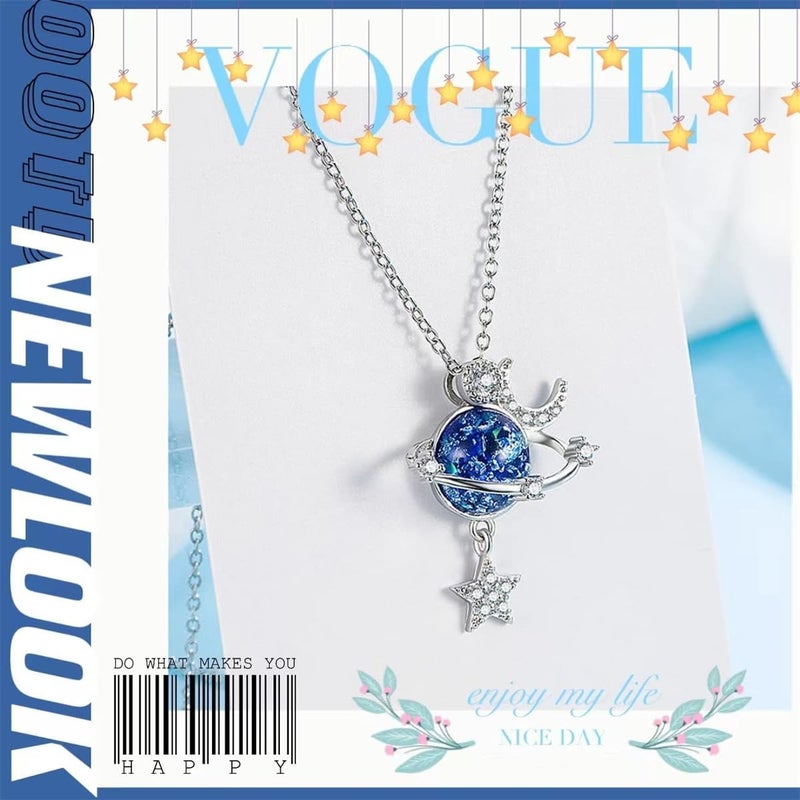 Excefore Star Necklace, 925 Silver Zircon Star Moon Fantasy Planet Necklace, Gift for Daughter, Granddaughter and Ladies, Friendship, Family, Love Jewelry - Image 2