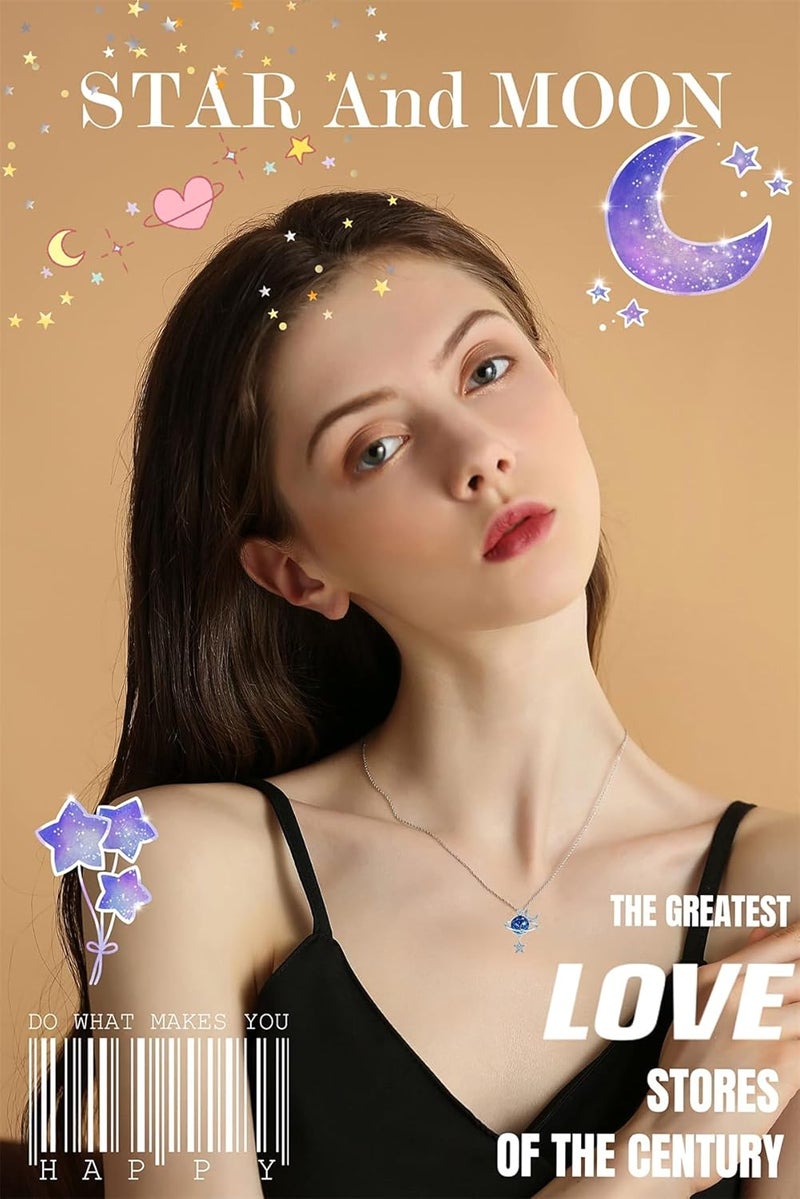 Excefore Star Necklace, 925 Silver Zircon Star Moon Fantasy Planet Necklace, Gift for Daughter, Granddaughter and Ladies, Friendship, Family, Love Jewelry - Image 4