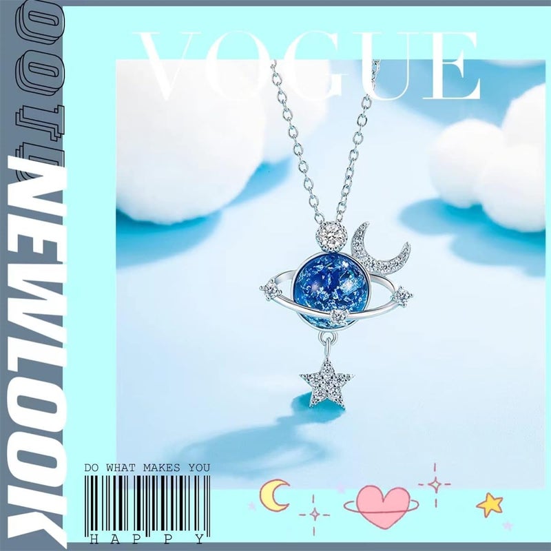 Excefore Star Necklace, 925 Silver Zircon Star Moon Fantasy Planet Necklace, Gift for Daughter, Granddaughter and Ladies, Friendship, Family, Love Jewelry - Image 3