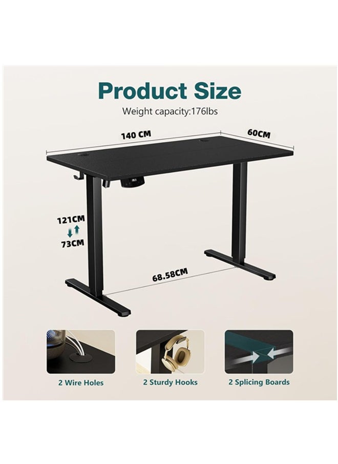 DESINO - 140CM Large Electric Standing Desk, Height Adjustable Computer Desk, 60CM Deep Desktop, Stand up Gaming Office Table, 2 Preset Heights, for Home Office - Image 1