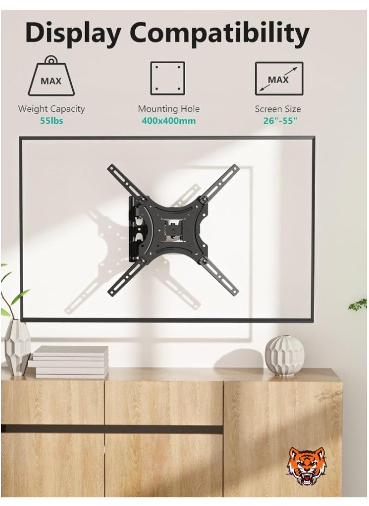 "Full Motion TV Wall Mount for 26''-55'' LED Flat Panel Screens – VESA 400x400mm, Supports Up to 55lbs, Perfect Center Design"
