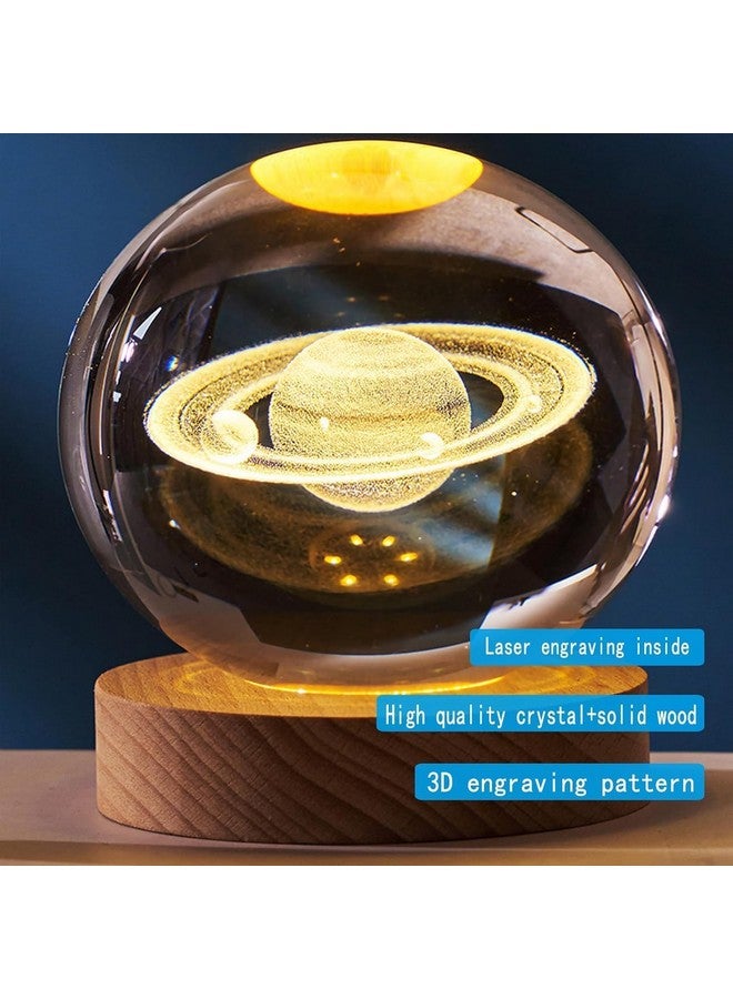 FLYNGO FLYNGO Saturn Moon Crystal Ball Night Lamp, Creative Engraved Night Light for Kids Room, USB Table LED Lamp with Woodern Base, Light for Home Office Decoration Birthday Gift (Saturn)  - Image 2