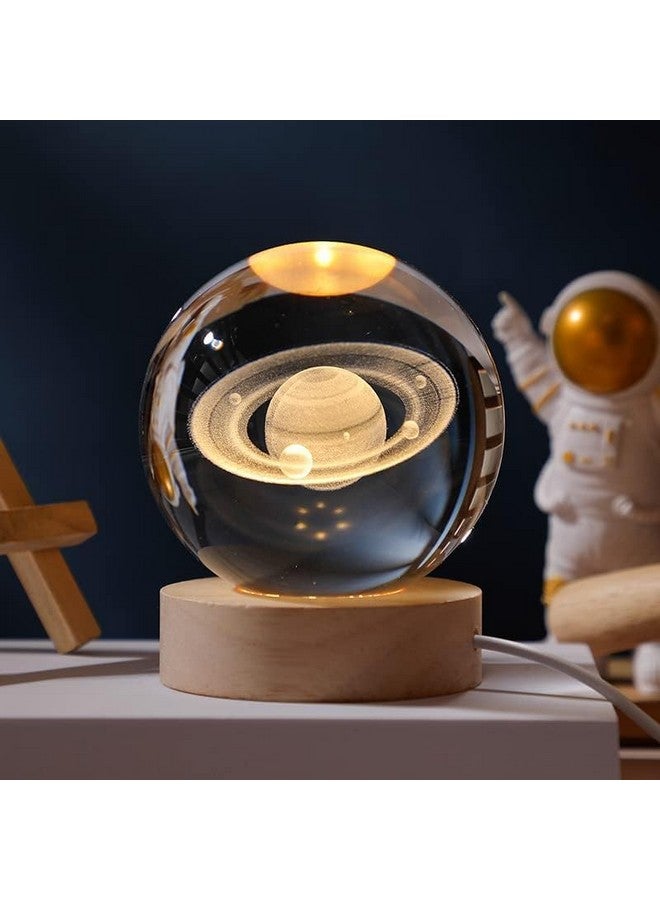 FLYNGO FLYNGO Saturn Moon Crystal Ball Night Lamp, Creative Engraved Night Light for Kids Room, USB Table LED Lamp with Woodern Base, Light for Home Office Decoration Birthday Gift (Saturn)  - Image 1
