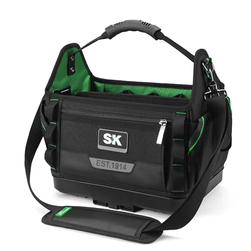SK 15Inch Open Top Tool Bag Heavy Duty Tool Tote with 28 Pockets Tool Bag Organizer with Padded Shoulder Strap and Ergonomic Handle 1680D Fabric with Waterproof Hard Base - Image 1