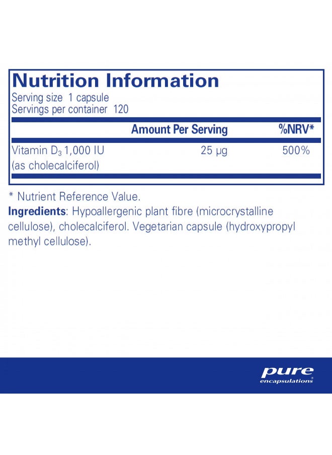 Pure Encapsulations Vitamin D3 25 mcg (1,000 IU) | Supplement to Support Bone, Joint, Heart, Colon and Immune Health* | 120 Capsules