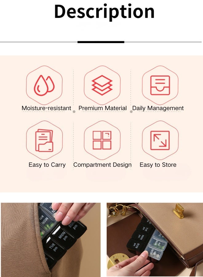 14-Compartment 7-Day Morning&Evening Portioned Medicine Container,Pill box,Pill Organizer for Vitamins,,Pills,Capsules, Moisture-Resistant and Dust-Proof,Ideal for Home Use and Travel,With Braille - Image 2