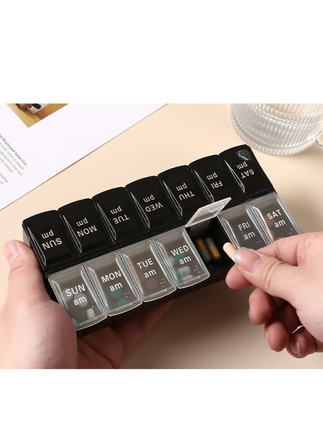 14-Compartment 7-Day Morning&Evening Portioned Medicine Container,Pill box,Pill Organizer for Vitamins,,Pills,Capsules, Moisture-Resistant and Dust-Proof,Ideal for Home Use and Travel,With Braille - Image 1