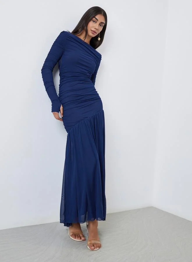 Styli  Styli Blue Ruffle Mesh Hem Maxi Dress for Women | Best Price UAE