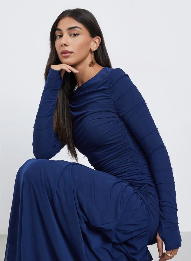 Styli Styli Blue Ruffle Mesh Hem Maxi Dress