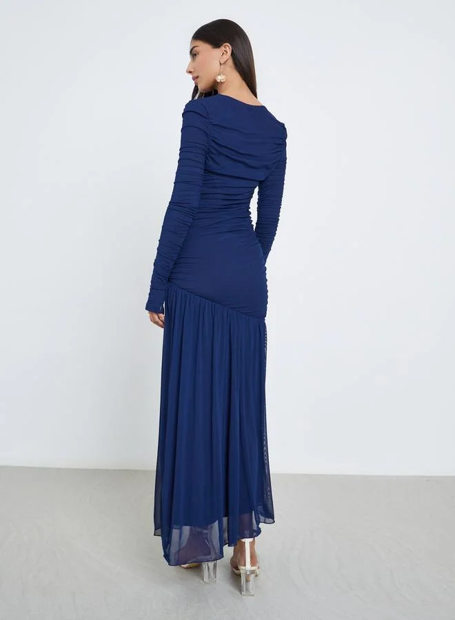 Styli  Styli Blue Ruffle Mesh Hem Maxi Dress for Women | Best Price UAE