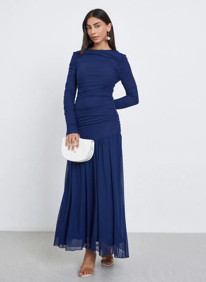 Styli Styli Blue Ruffle Mesh Hem Maxi Dress