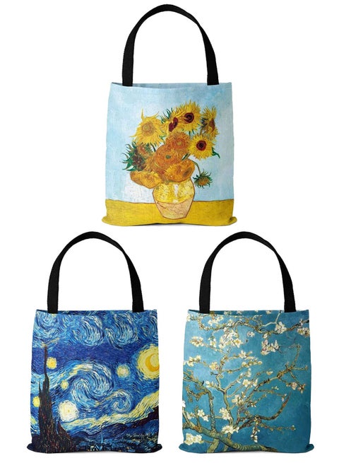3 Pack Canvas Tote Bag Reusable Grocery Shopping Bags Large Women Shoulder Handbag Designs Starry Night Sunflower Almond Blossom 13 X 14.6 Inch