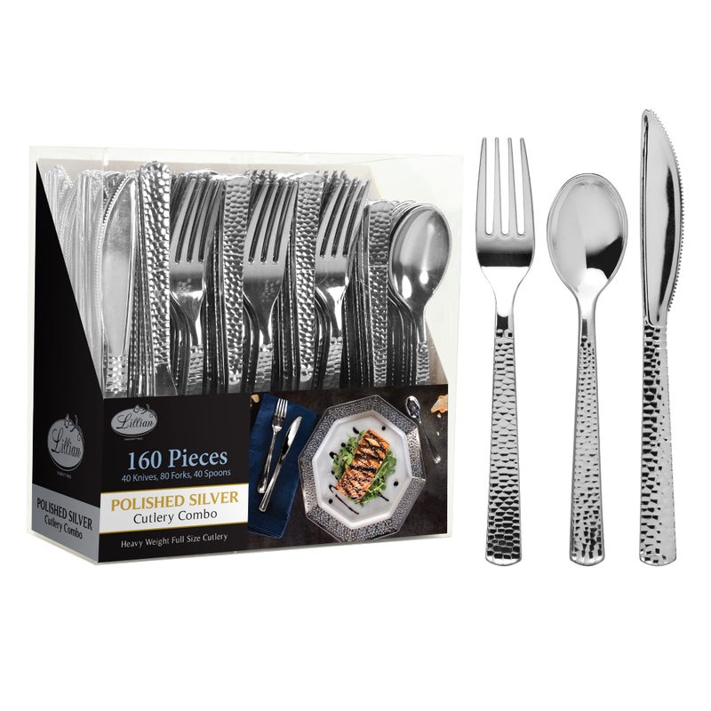 Lillian Tablesettings Plastic Cutlery Silverware Extra Heavyweight Disposable Flatware Full Size Cutlery Combo Silver Pebbled 80 Forks 40 Spoons 40 Knifes Value Pack 160 Count 