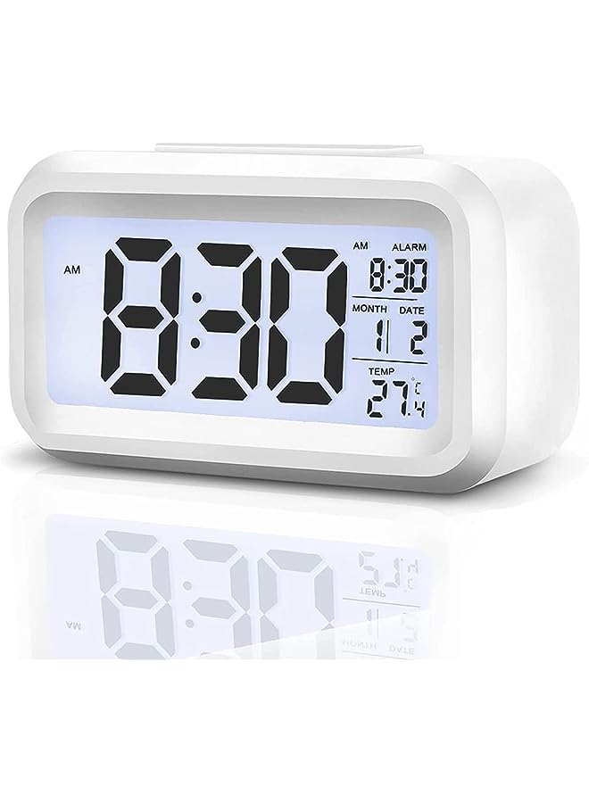 Raxoom Digital Alarm Clock, Battery Operated Alarm Clock with Date,Indoor Temperature,Smart Night Light, Easy Operation Electronic Clock for Bedrooms Home Kids (White) - Image 1