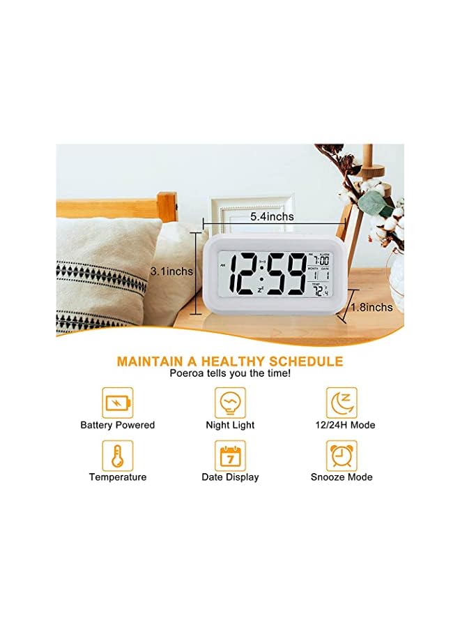 Raxoom Digital Alarm Clock, Battery Operated Alarm Clock with Date,Indoor Temperature,Smart Night Light, Easy Operation Electronic Clock for Bedrooms Home Kids (White) - Image 2