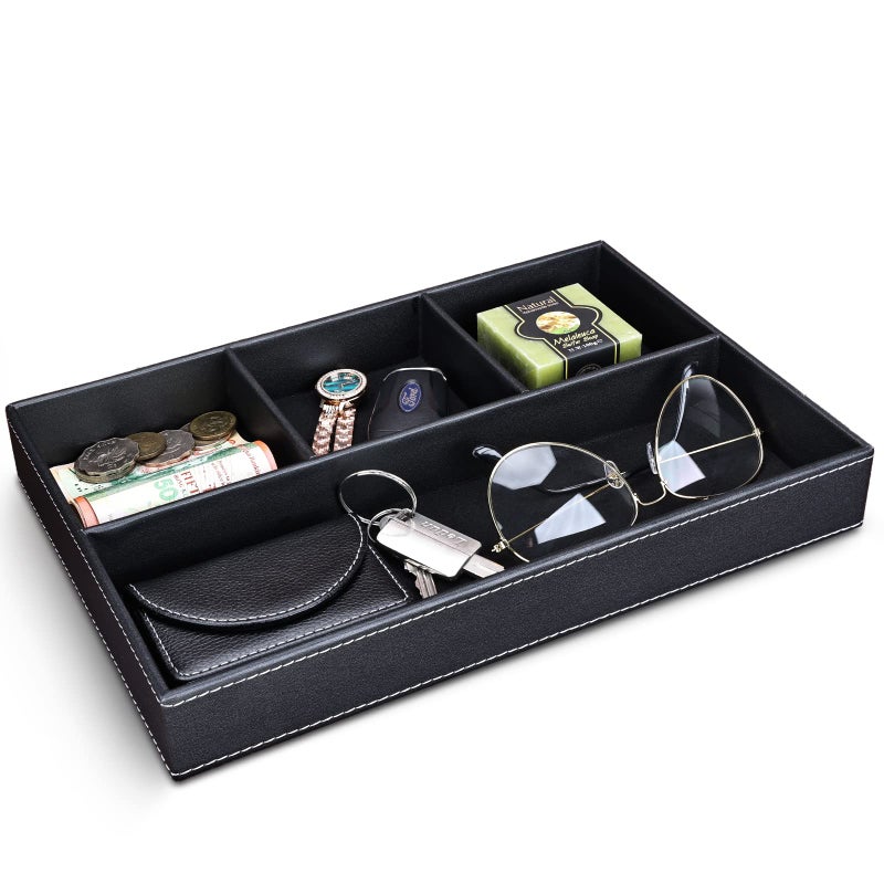 GORESE Faux Leather Valet Tray for Men, Stackable Jewelry Trays Drawer Organizer Tray Nightstand Organizer for Men, EDC Tray for Key, Wallet, Sunglass, Watch, Coin, Phone, Cologne - Black - Image 1