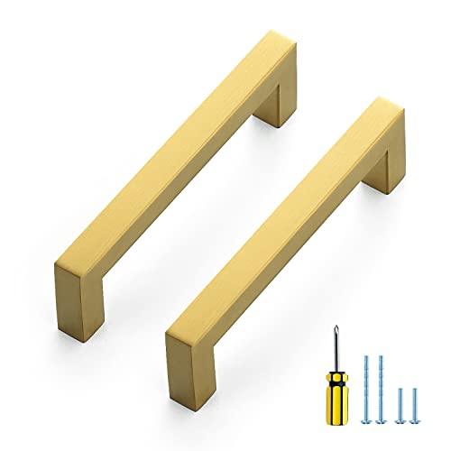 Ravinte 10 Pack Gold Cabinet Pulls 4-1/2 Inch Brushed Brass Kitchen Cabinet Handles Gold Square Kitchen Hardware for Drawer Pulls Come with Screwdriver - Image 1