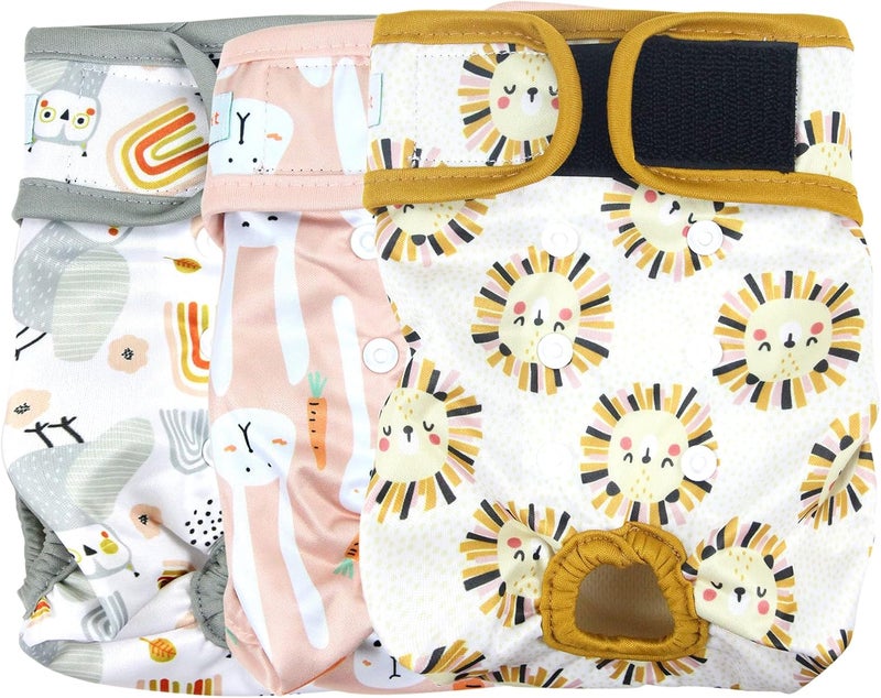 Langsprit Washable Female Dog Diapers (3 Pack) - Doggie Reusable Small Medium Large Dog Diapers for Doggy Puppy Female in Period - Highly Absorbent Dog Heat Panties (Medium,Rabbit, Owl, Lion) - Image 1