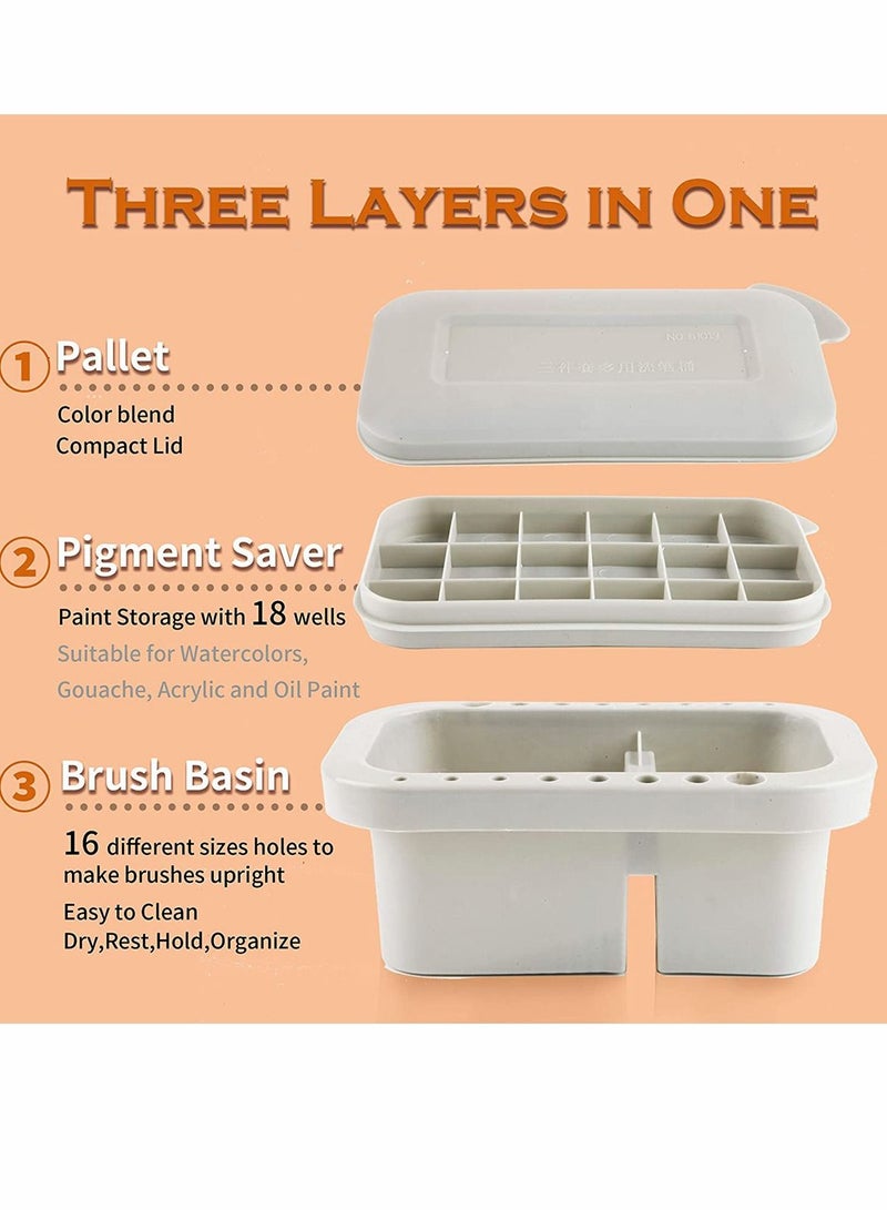 Excefore Multi-Use 3 in 1 Paint Brush Basin with Brushes Holder Washer Trays, Palette Box for Gouache Watercolor Acrylic Oil Painting Pen Washing - Image 2